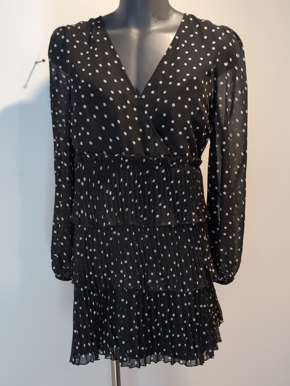 ASOS Black Polka Dot Tiered Chiffon Long-Sleeve Dress Size 12